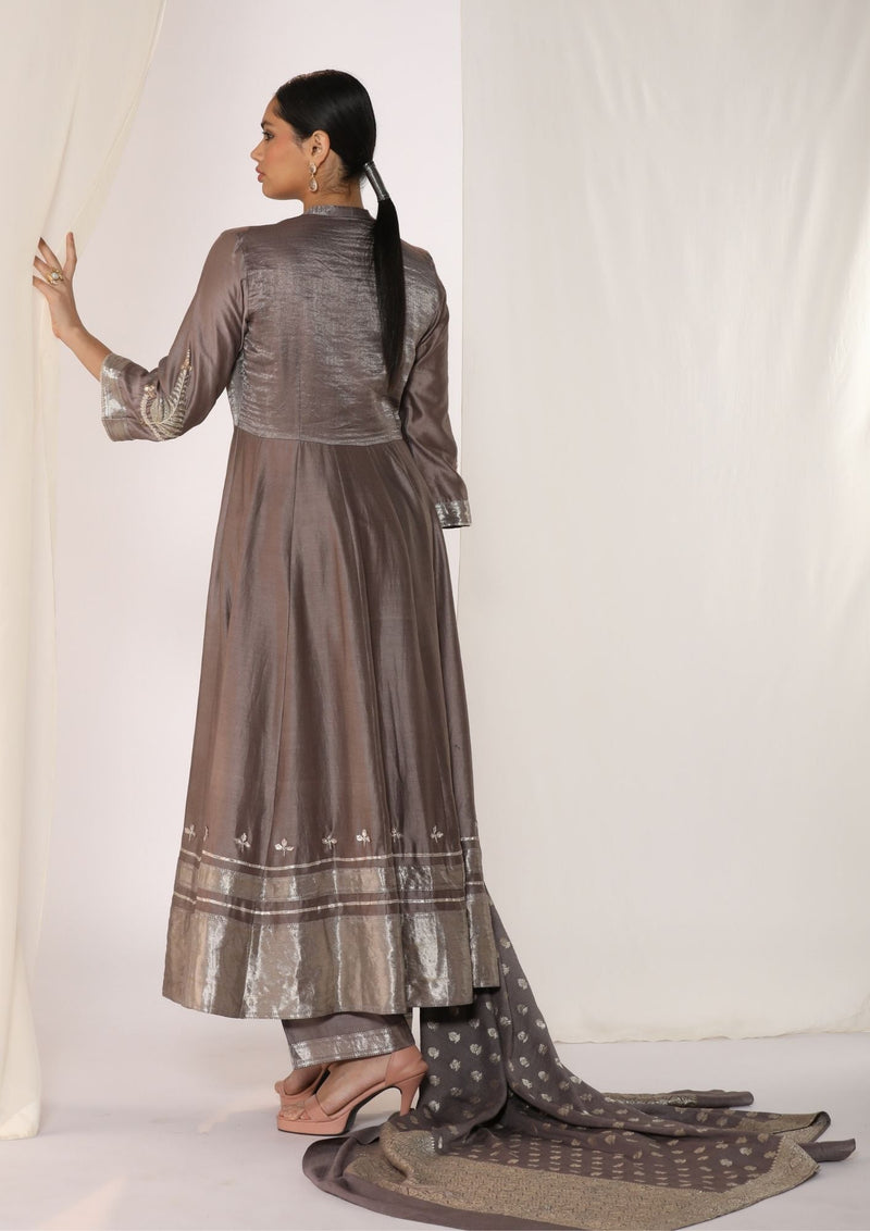 Chanderi silk kurta with duppata and pants chanderi by Myoho in grey color for women Worldwide