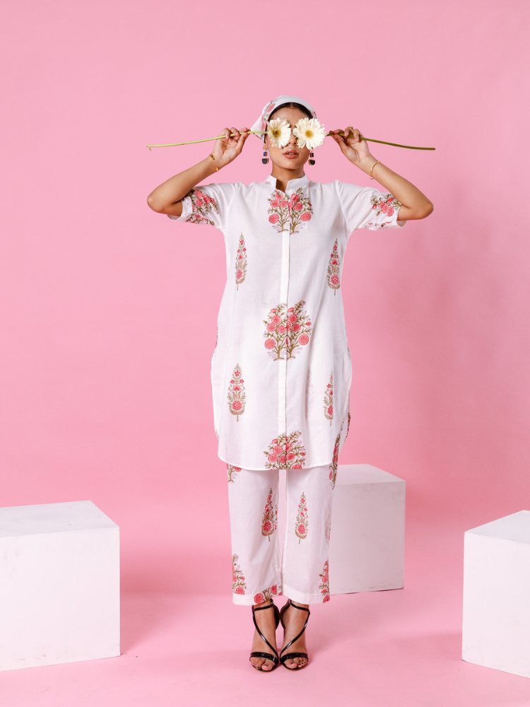 Pink Dahlia Co-Ord Set Co-ord Set by Marche in white color for women Worldwide