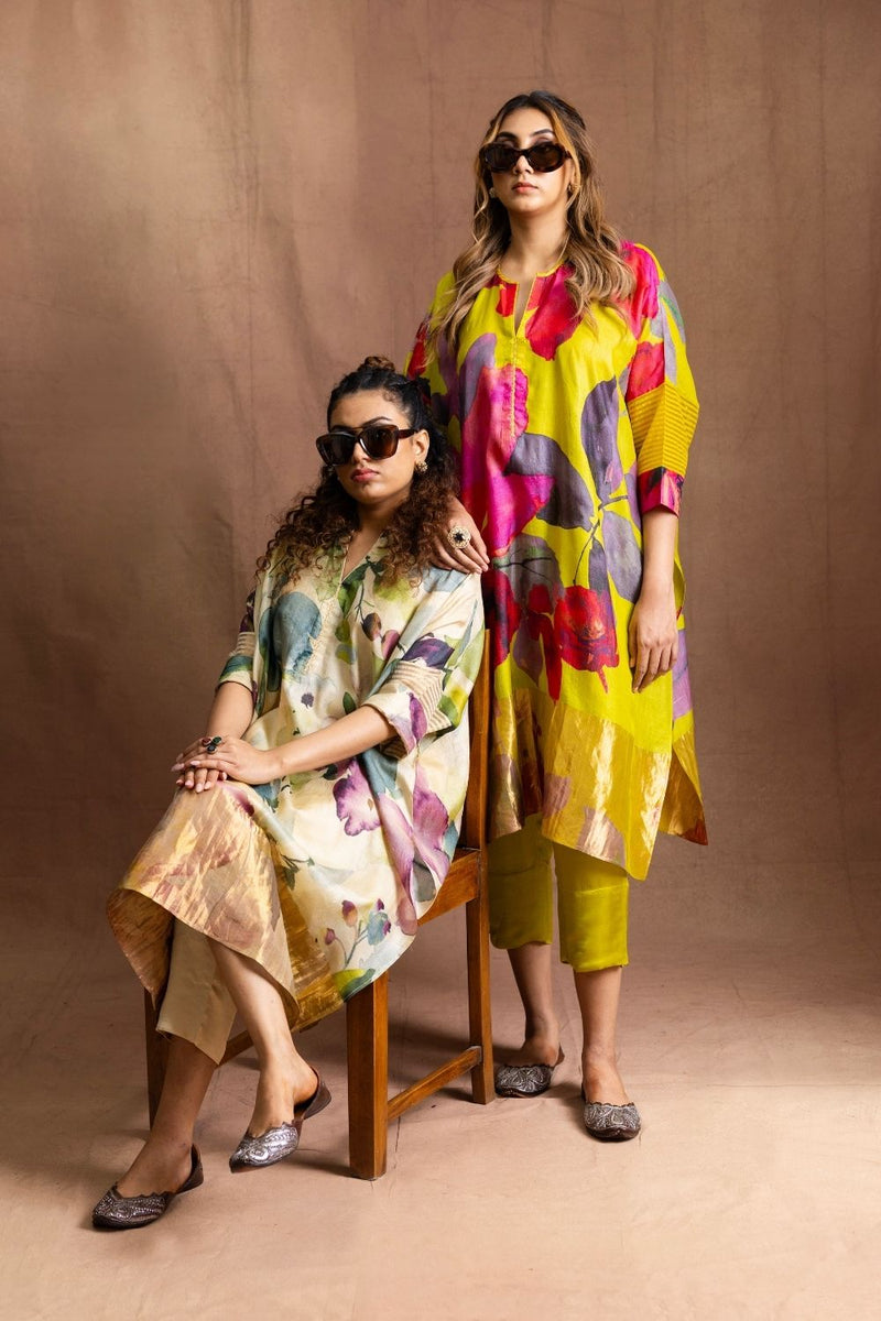 Floral Tussore Tunic Set-Citrus Yellow Floral silk by Sabo by Sabina for women Worldwide