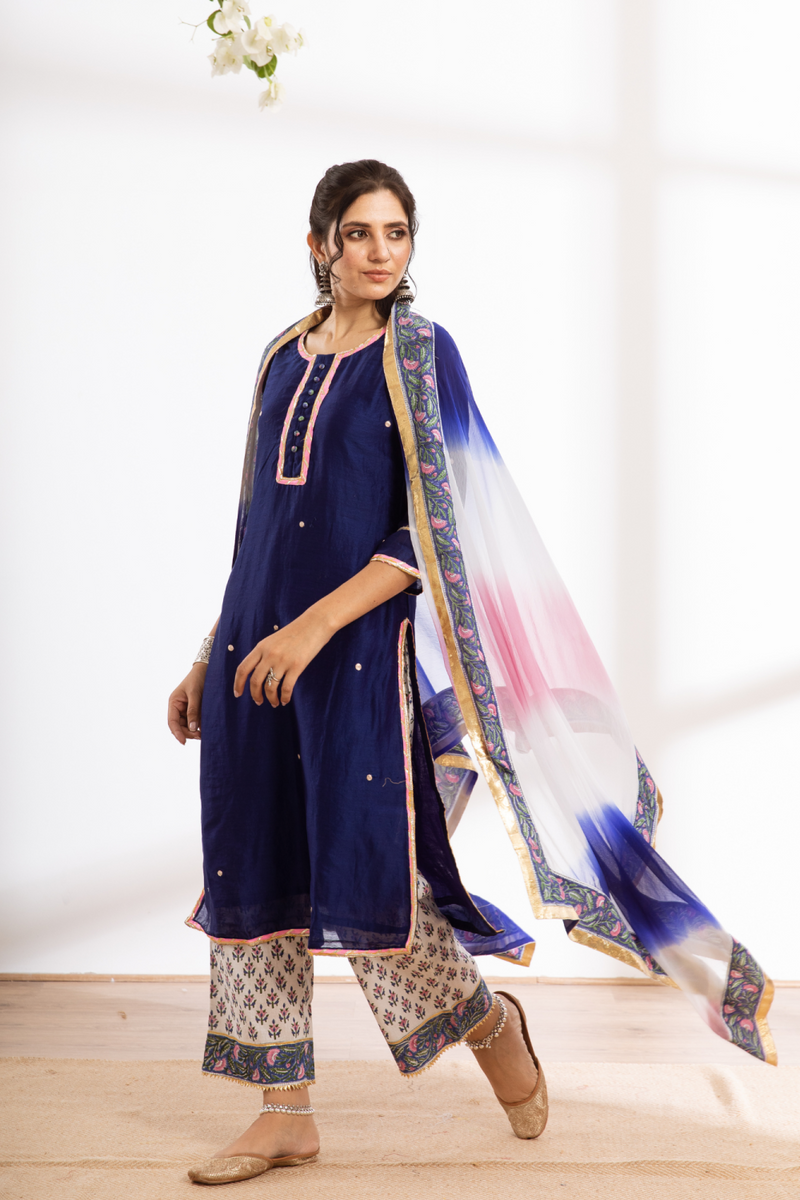 Rasika Neel Kurta Set - blue hand block printed chanderi kurta set chanderi by Maison Shefali in blue color for women Worldwide