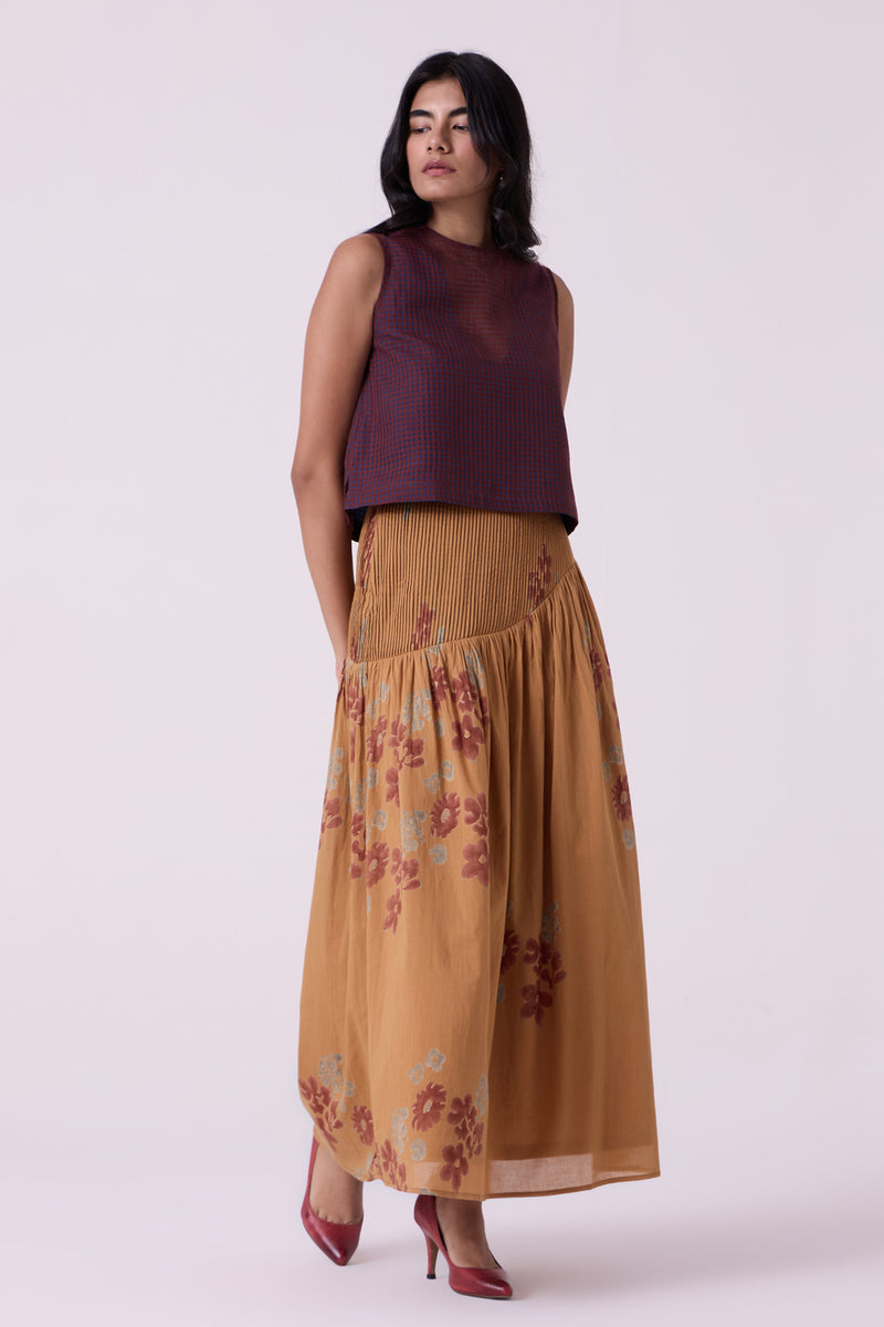 Kaika Floral Hand Printed Maxi Skirt hand block printed cotton mul skirt by The Summer House in brown for women Worldwide