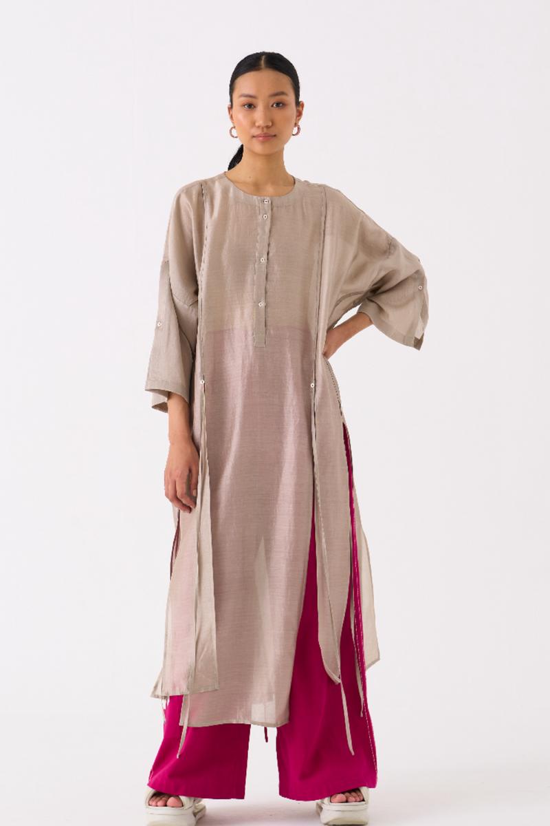 PANELLED TUNIC CO-ORD 
(SET OF 2)-ASH GREY & FUSCHIA chanderi by THREE in multi color for women Worldwide