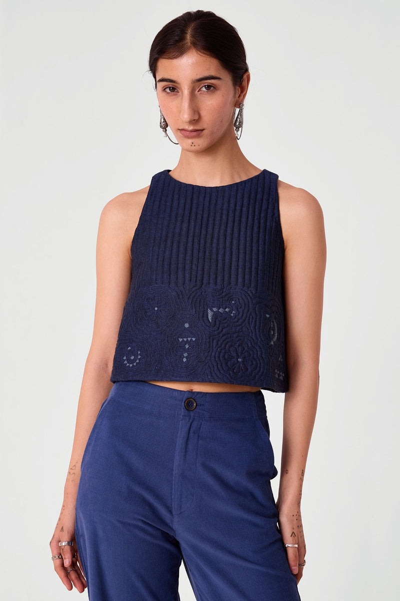 Toni Blue Quilted Linen Top