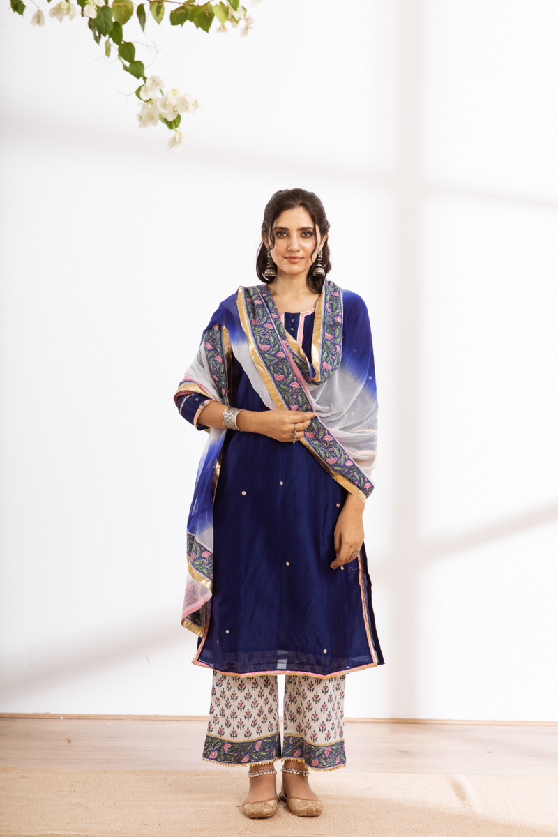 Rasika Neel Kurta Set - blue hand block printed chanderi kurta set chanderi by Maison Shefali in blue color for women Worldwide