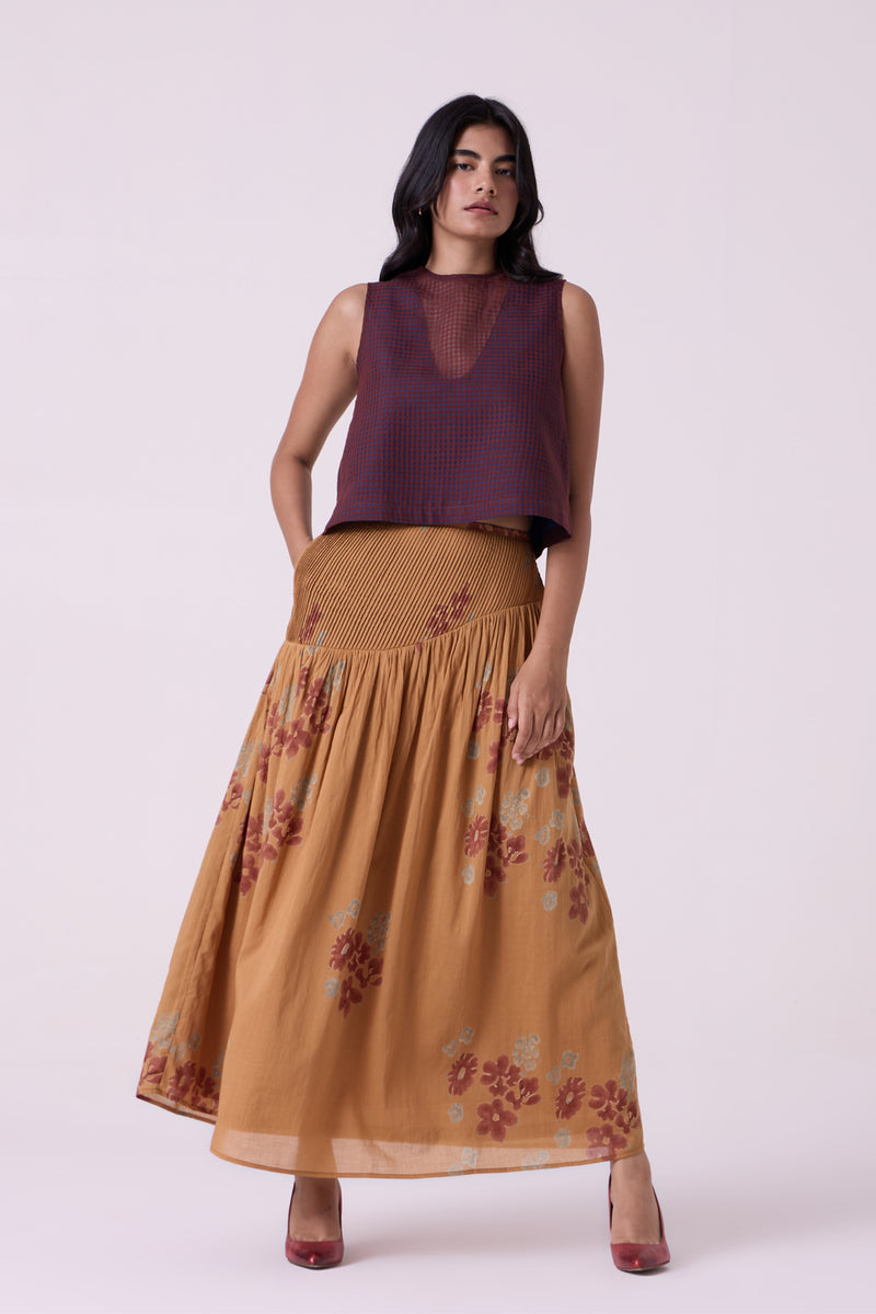 Kaika Floral Hand Printed Maxi Skirt hand block printed cotton mul skirt by The Summer House in brown for women Worldwide