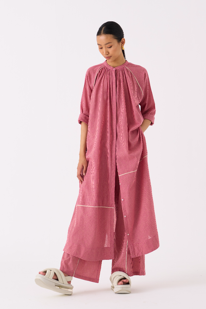 GATHER NECK SHIRT-PINK CHECK mul by THREE in pink color for women Worldwide