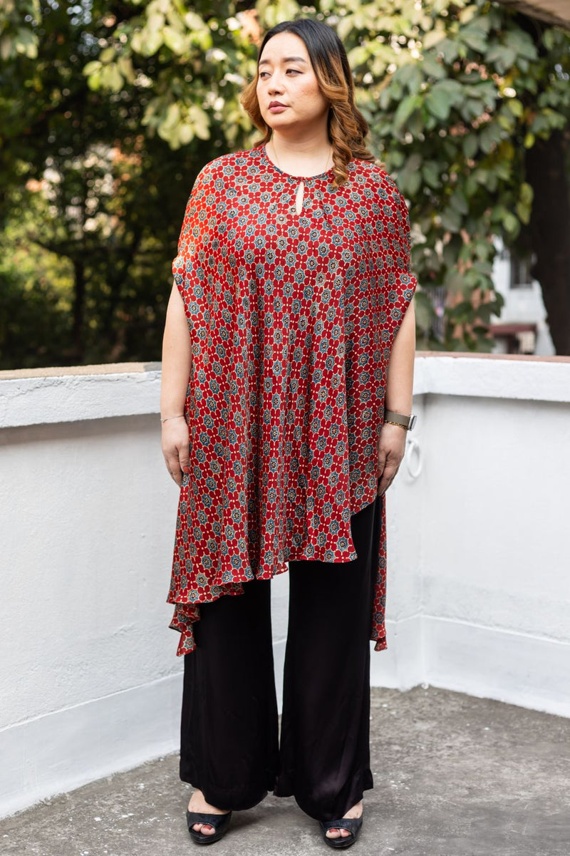 Surkh Red Ajrakh Asymmetric Tunic Set satin by PRAHNAAYA in red color for women Worldwide