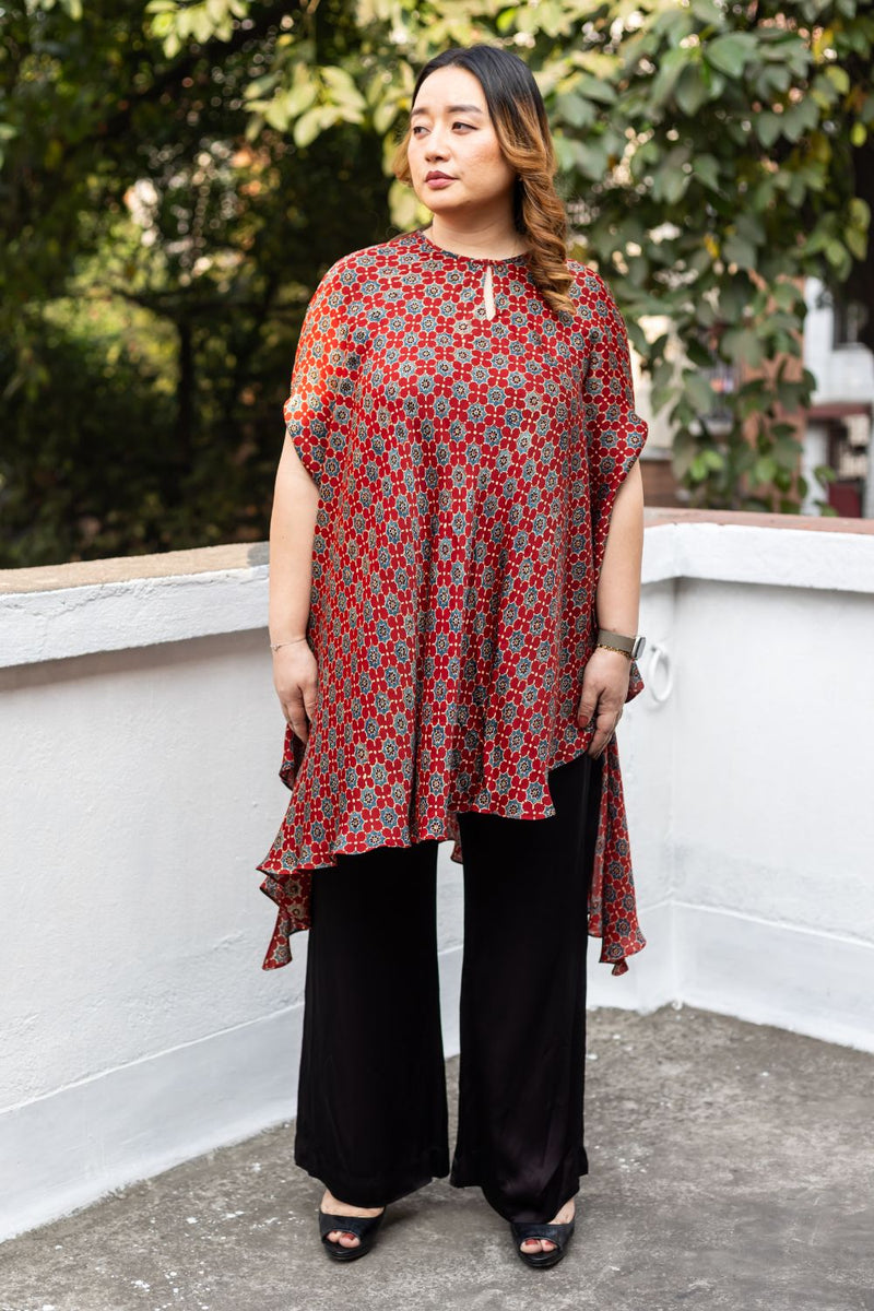 Surkh Red Ajrakh Asymmetric Tunic Set satin by PRAHNAAYA in red color for women Worldwide