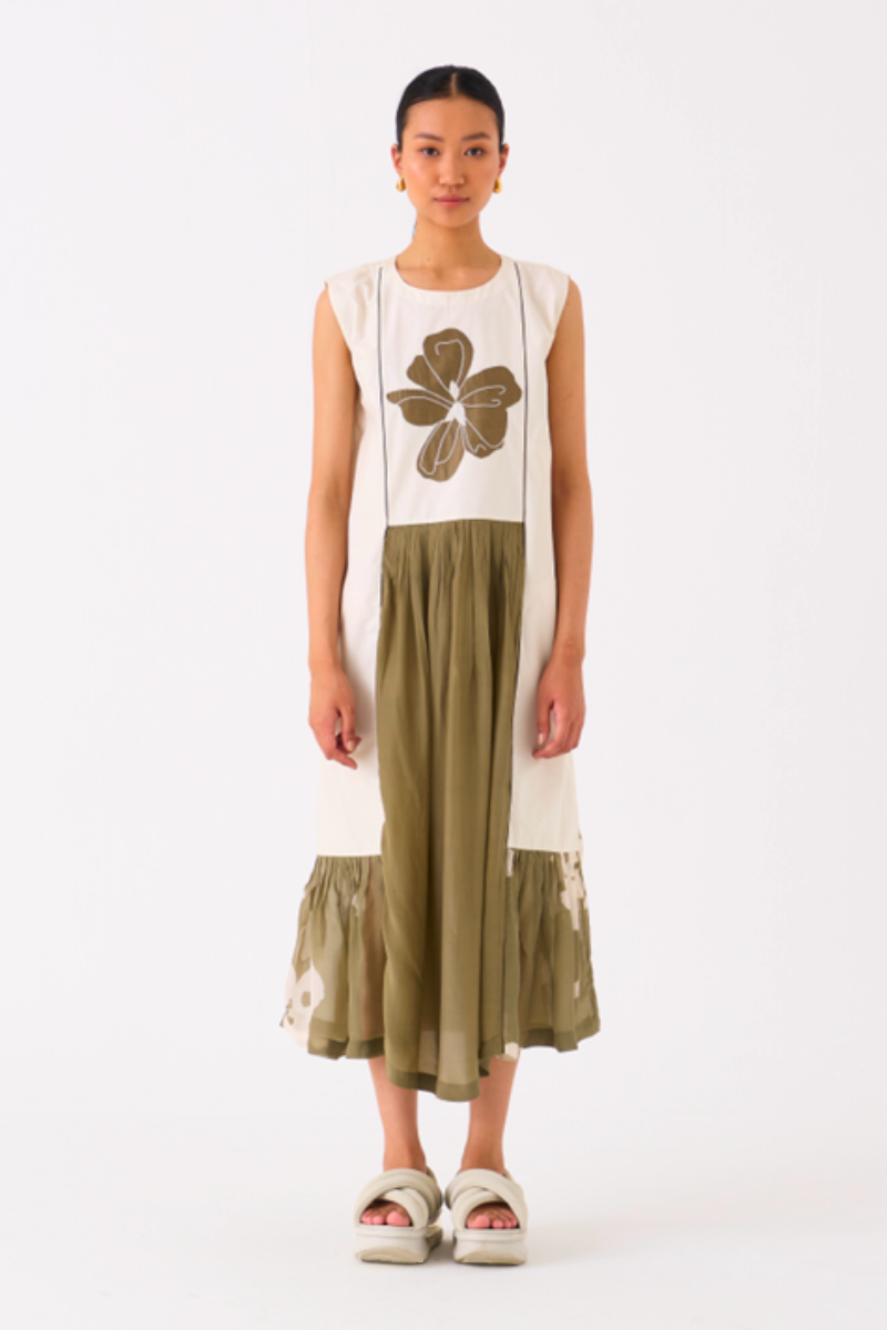 FLORAL PANELLED DRESS-IVORY/OLIVE poplin by THREE in olive color for women Worldwide