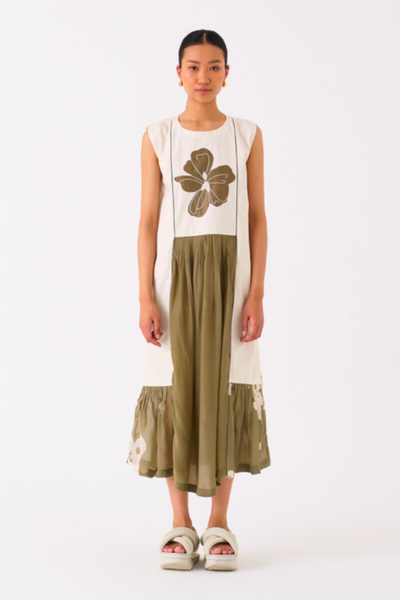 FLORAL PANELLED DRESS-IVORY/OLIVE