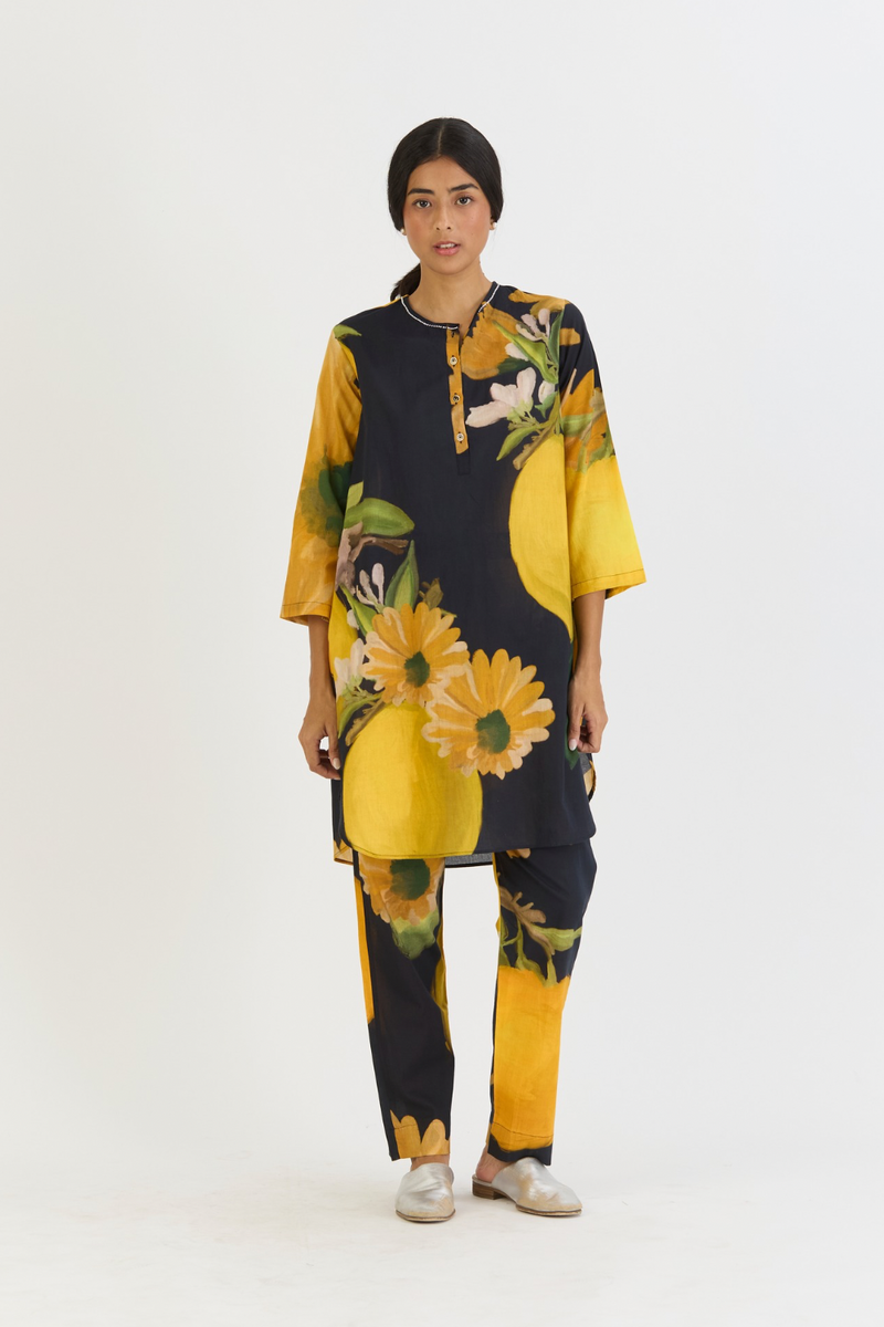 POMELLO SHORT KURTA SET cotton by Yam in yellow color for women Worldwide