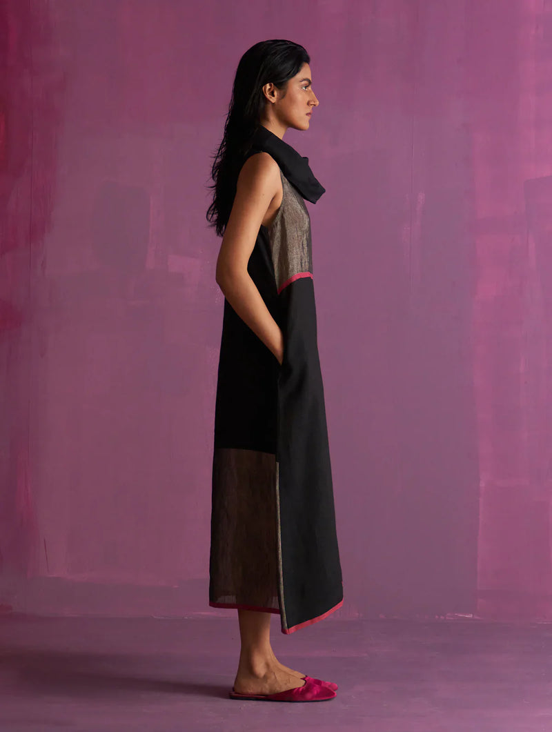 Shira Cowl Neck Dress - Black linen by Manan in black color for women Worldwide