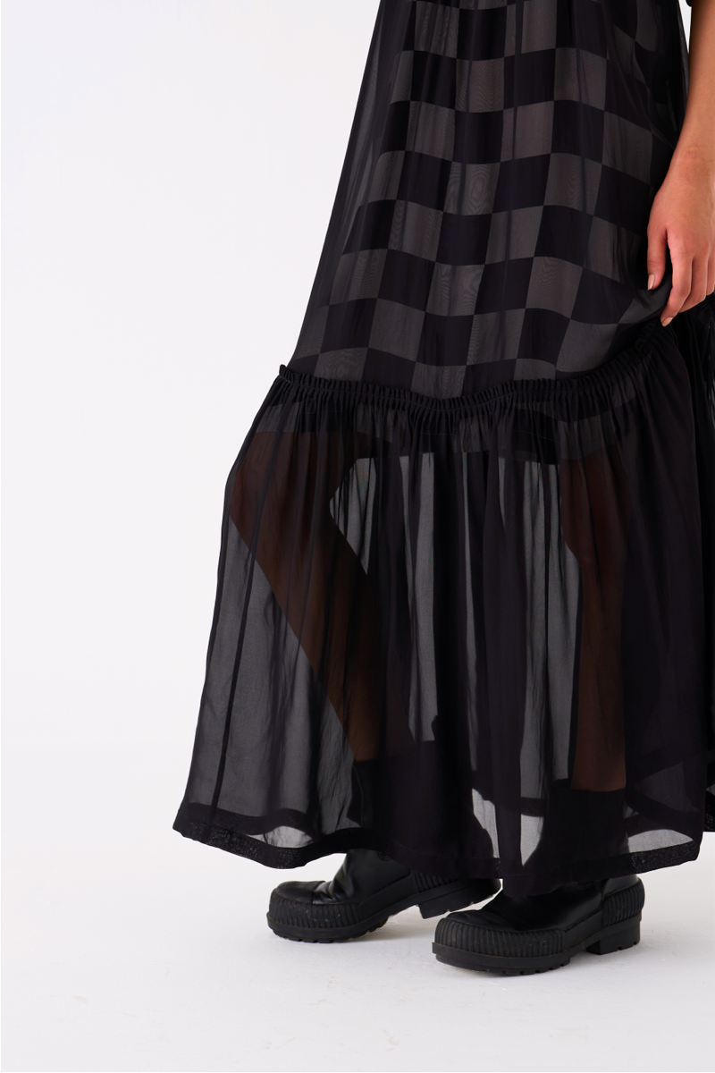 SHEER BOTTOM FRILL DRESS
-BLACK organza by THREE in black color for women Worldwide