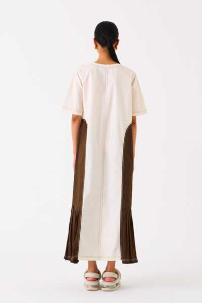 SIDE U-PLEAT DRESS-IVORY/DARK OLIVE