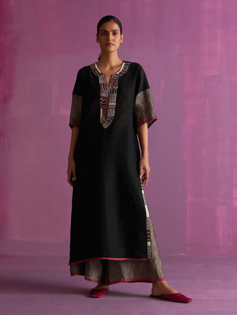 Mato Hand-Embroidered Kurta Set - Black linen by Manan in black color for women Worldwide