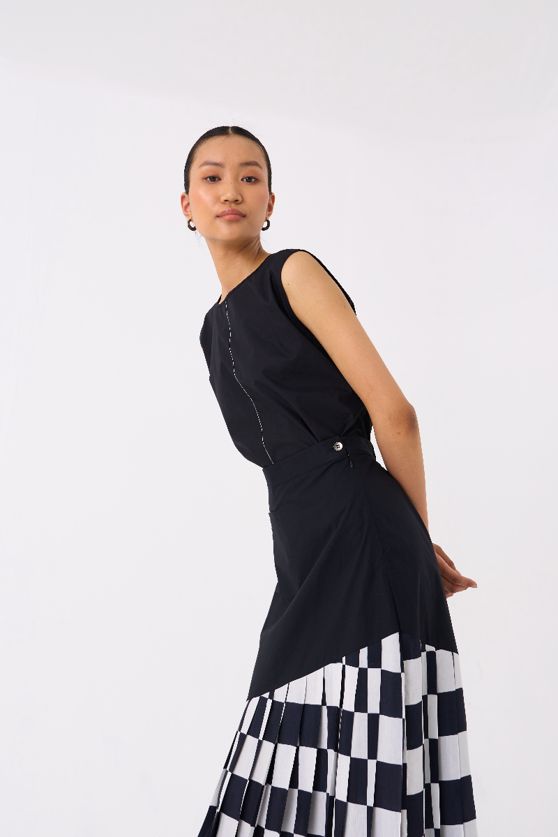 CHECKERED SKIRT CO-ORD 
(SET OF 2)-
BLACK poplin by THREE in black color for women Worldwide