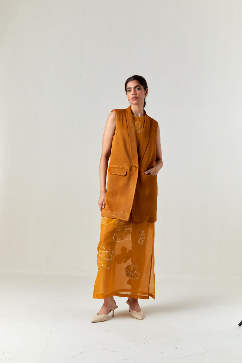 COLLARED WAIST COAT CO-ORD-OCHRE satin by THREE for women Worldwide