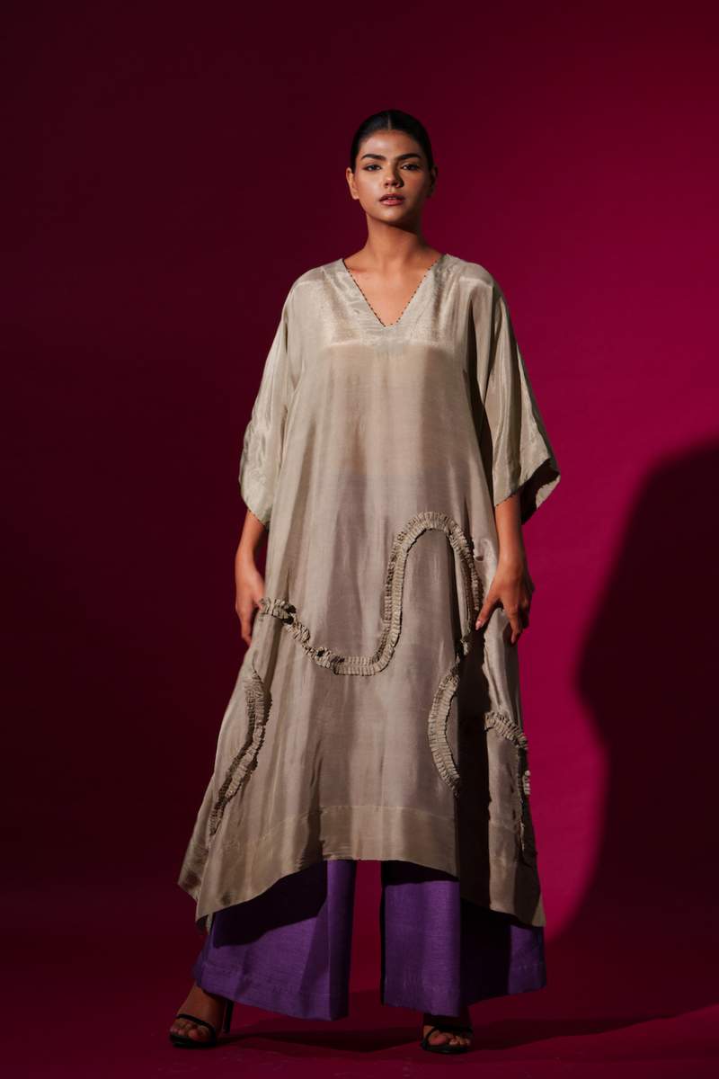 Flamingo Tunic-Grey upada silk kaftans and tunics by Stoique in grey for women Worldwide