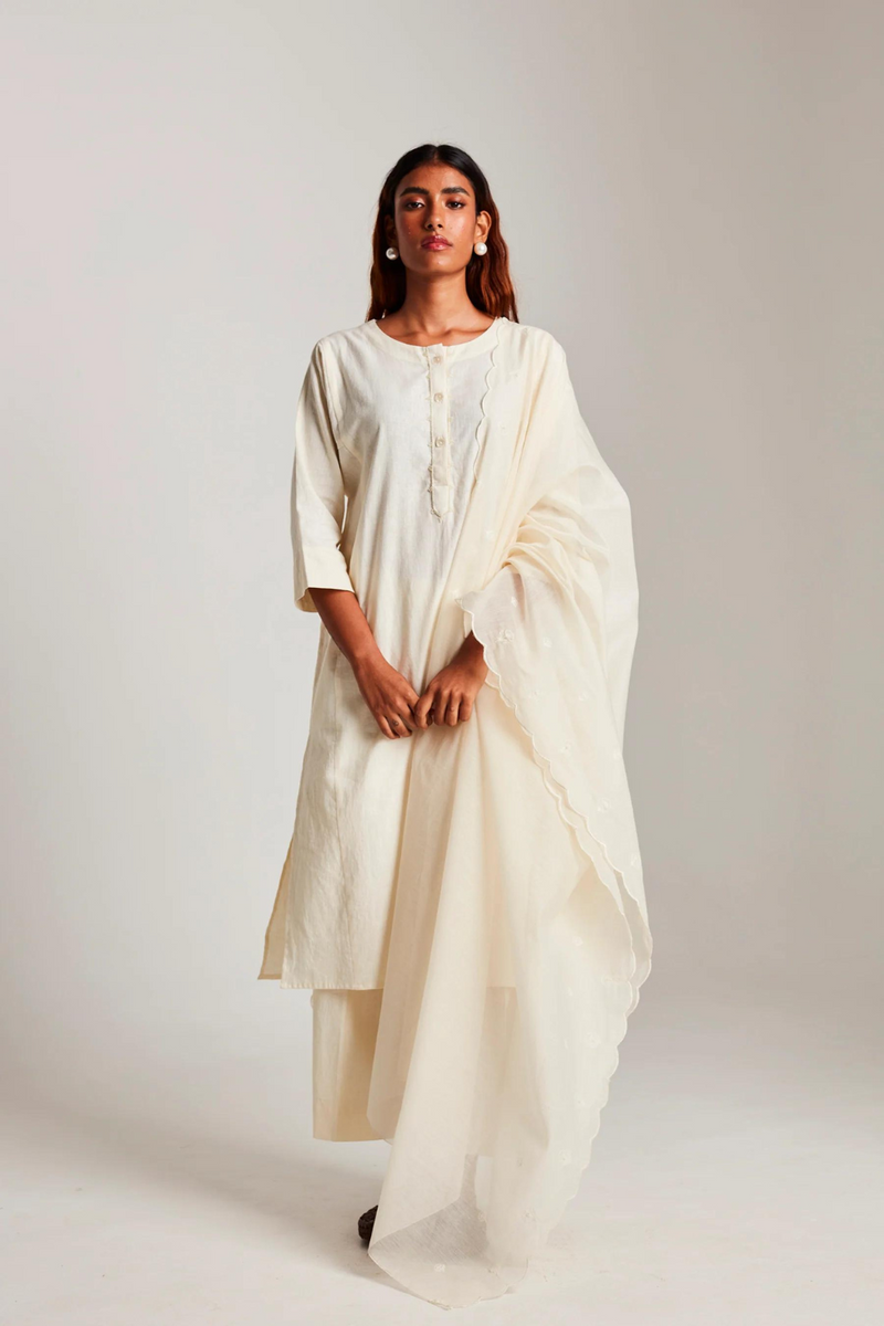 Vanilla Co-Linen Beaded Placket Kurta cotton by Saphed in white color for women Worldwide