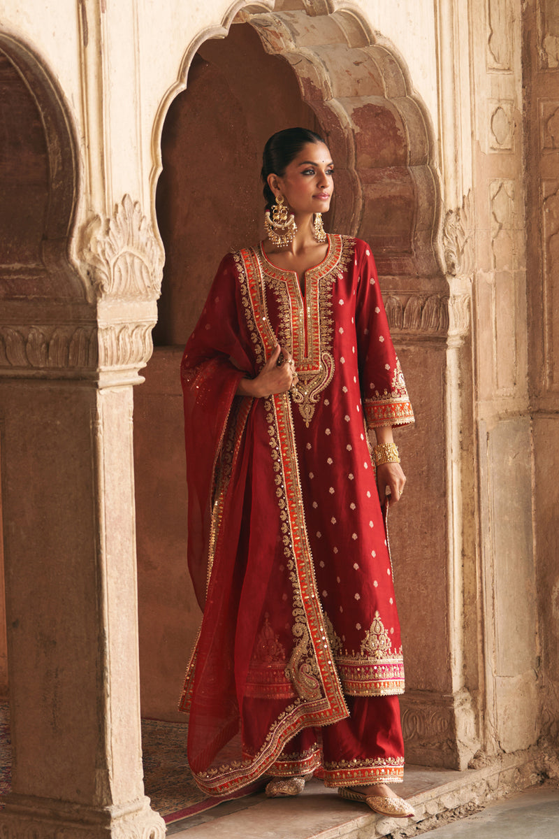SUMAIRA - DEEP RED LONG KURTA WITH PALAZZO AND DUPATTA silk chanderi kurta/kurta set by SHEETAL BATRA in red for women Worldwide