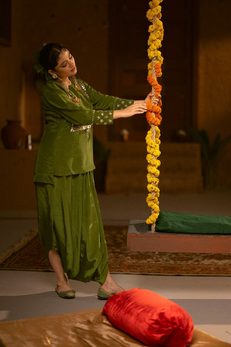 Sunira Green Tunic Top & Dhoti Skirt Set- Mehendi silk by PRAHNAAYA for women Worldwide