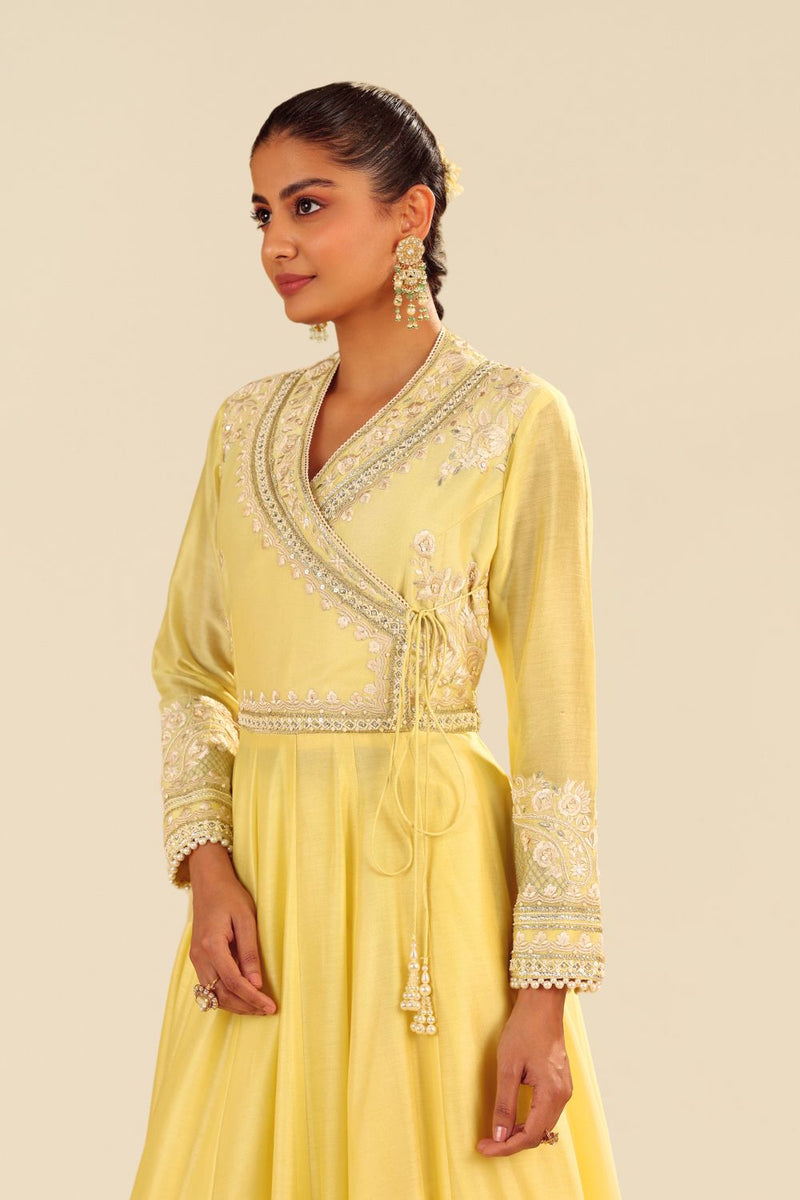 Ameena - Long Anarkali With Skirt And Dupatta-Lemon Yellow silk by SHEETAL BATRA in yellow color for women Worldwide