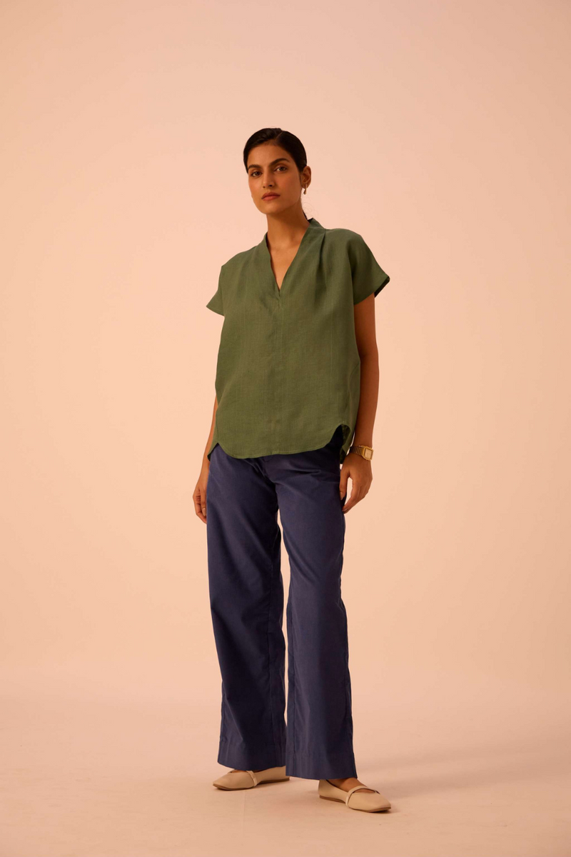 Orion Green Linen Top by The Summer House in green color for women Worldwide