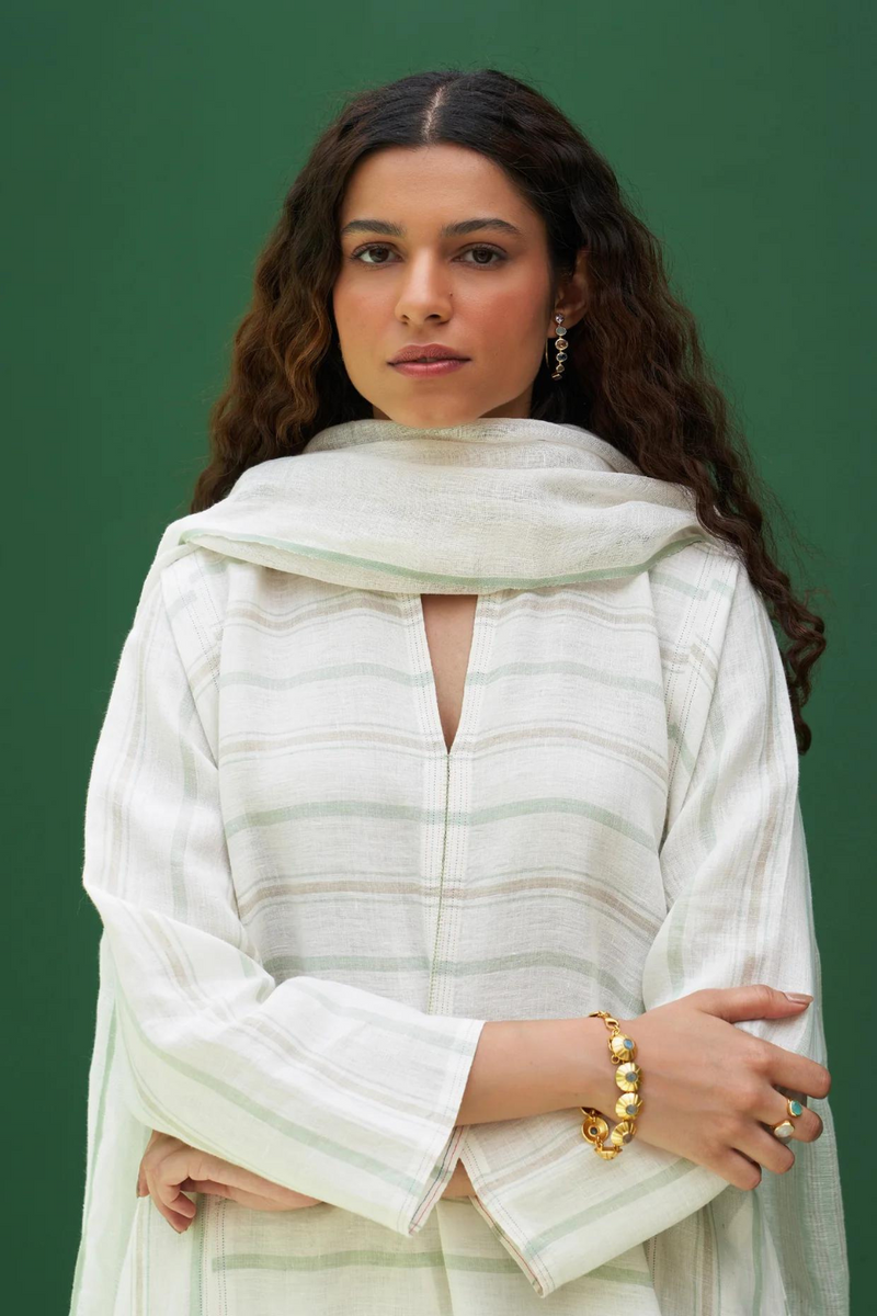 Ezra Striped Linen Kurta Set - Mint linen by Manan in mint color for women Worldwide