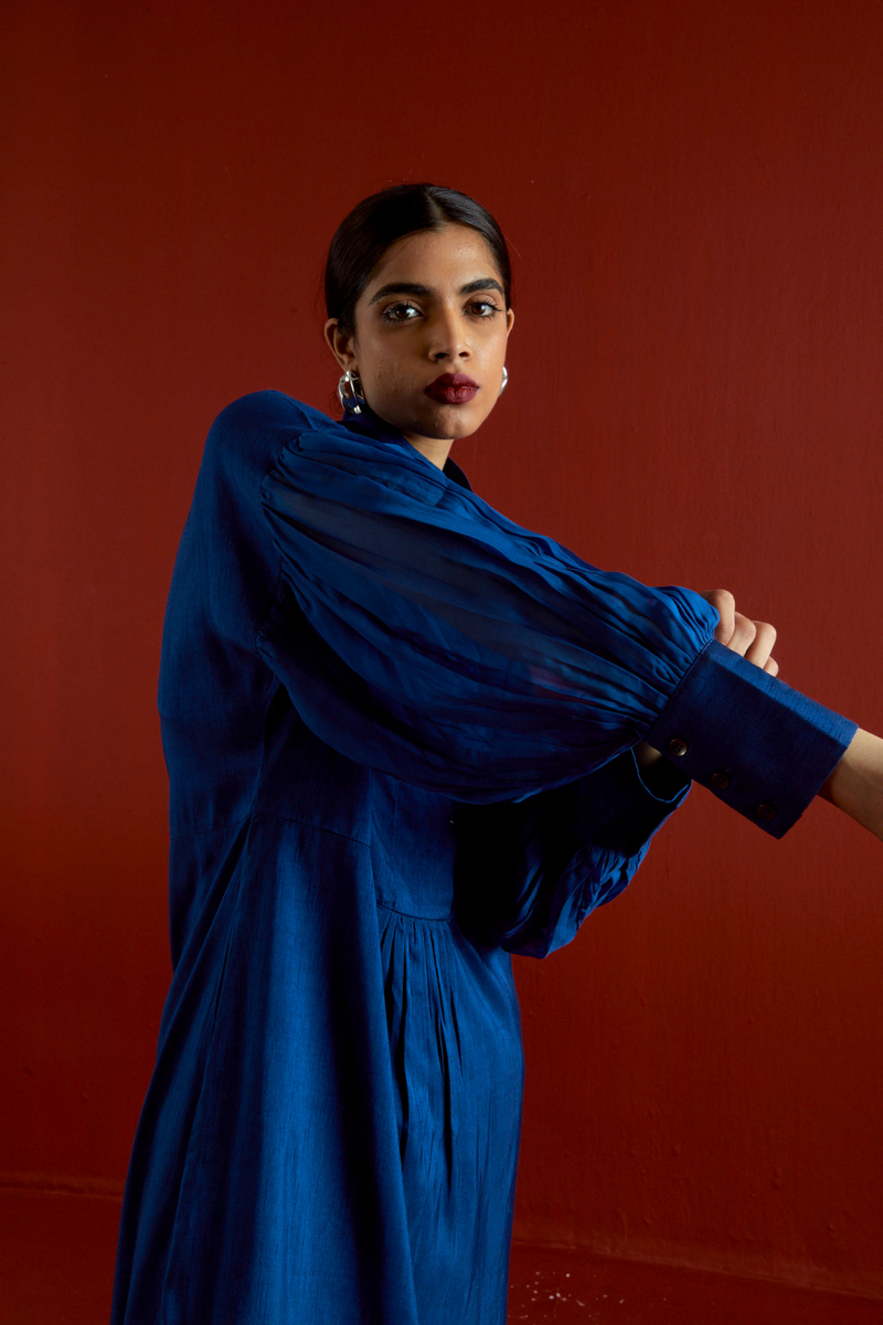 TURTLE NECK TUNIC CO-ORD-ELECTRIC BLUE silk by THREE in blue color for women Worldwide