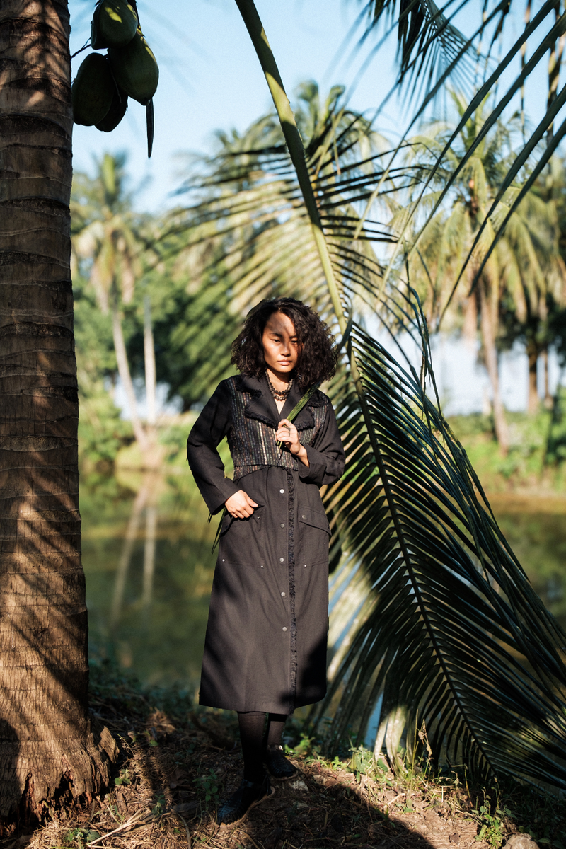 Upcycled Handwoven Copenhagen Trench - Black Green cotton by The Terra Tribe in green color for women Worldwide