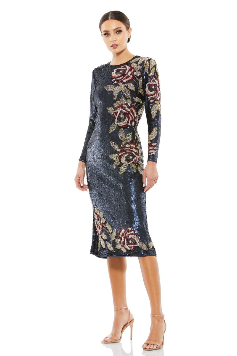 93624-Sequined Asymmetrical Floral Long Sleeve Midi Dress by Mac Duggal for women Worldwide