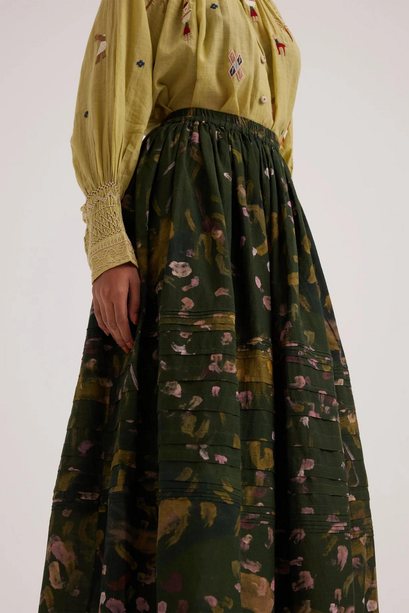 Pintuck Skirt-Green Strokes cotton by CORD for women Worldwide