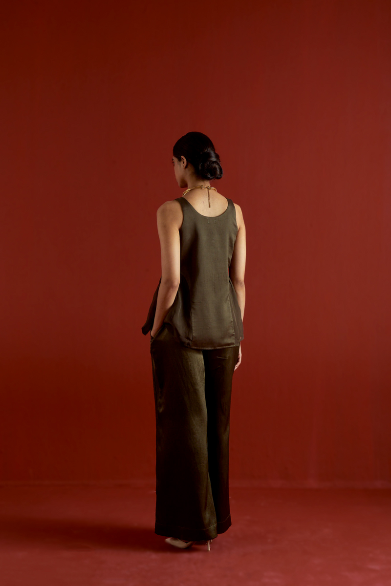 SIDE U-GATHER TOP CO-ORD-DARK OLIVE organza by THREE in olive color for women Worldwide