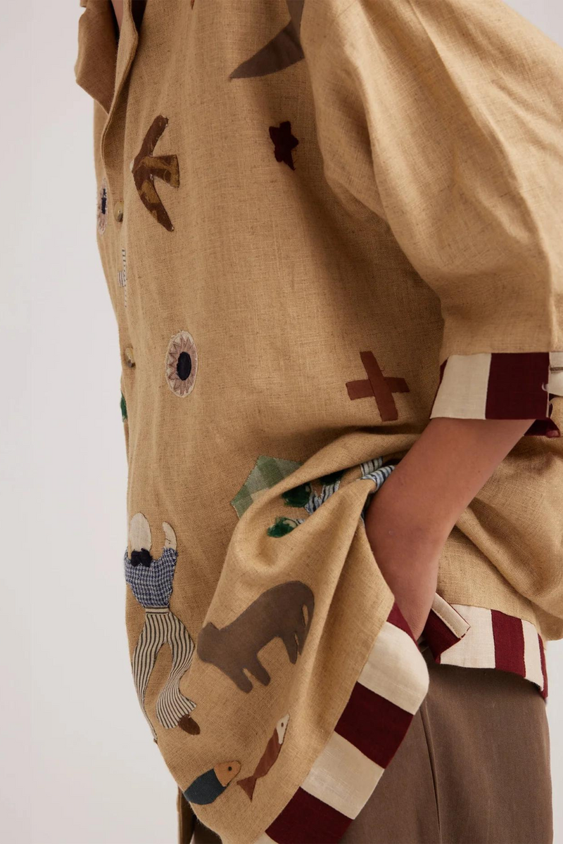Unisex Oversized Shirt-Folk Applique-Beige by CORD for women Worldwide