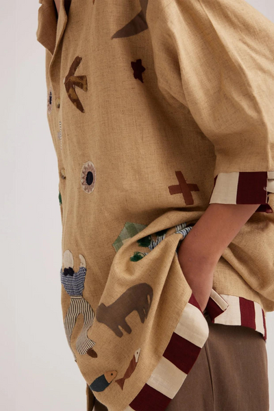 Unisex Oversized Shirt-Folk Applique-Beige