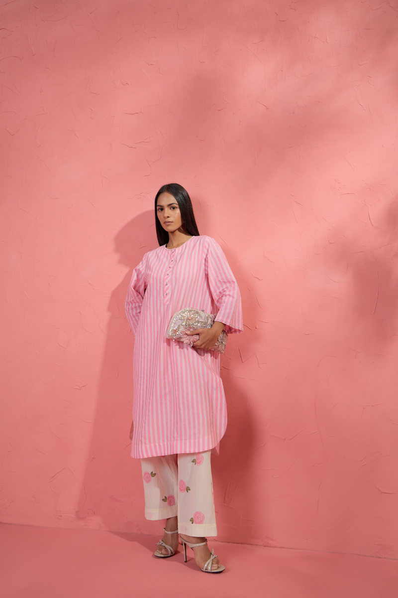 Gul Rose Stripe Set cotton cambric light kurta set by AAVIDI in pink for women Worldwide