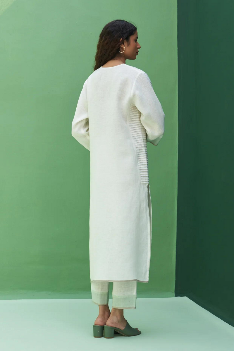 June Border Linen Pleated Kurta
 - Ivory linen by Manan in ivory color for women Worldwide