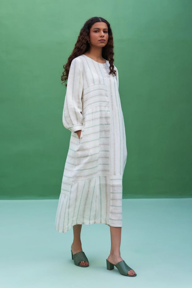 Kwan Striped Linen Dress
 - Mint linen by Manan in mint color for women Worldwide