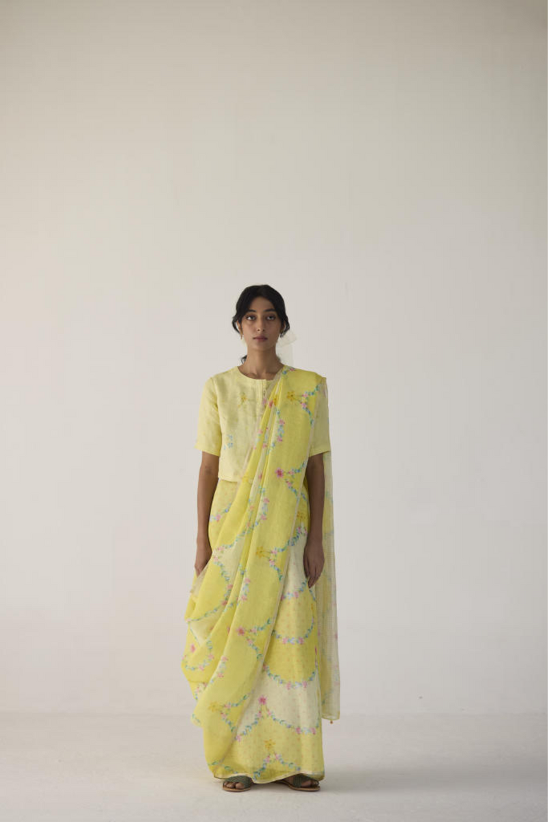 Gulmarg Linen Yellow Sari by Nadiya Paar in yellow color for women Worldwide