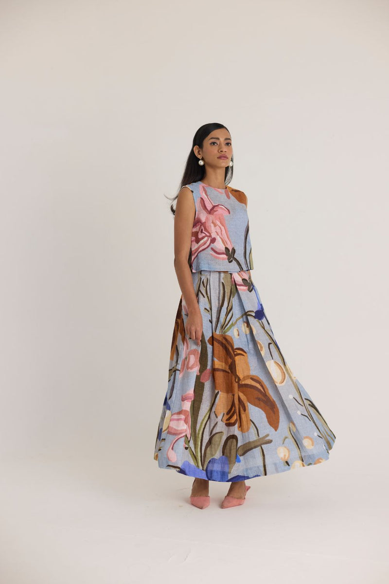 NICO LINEN TOP & SKIRT SET by Yam in blue color for women Worldwide