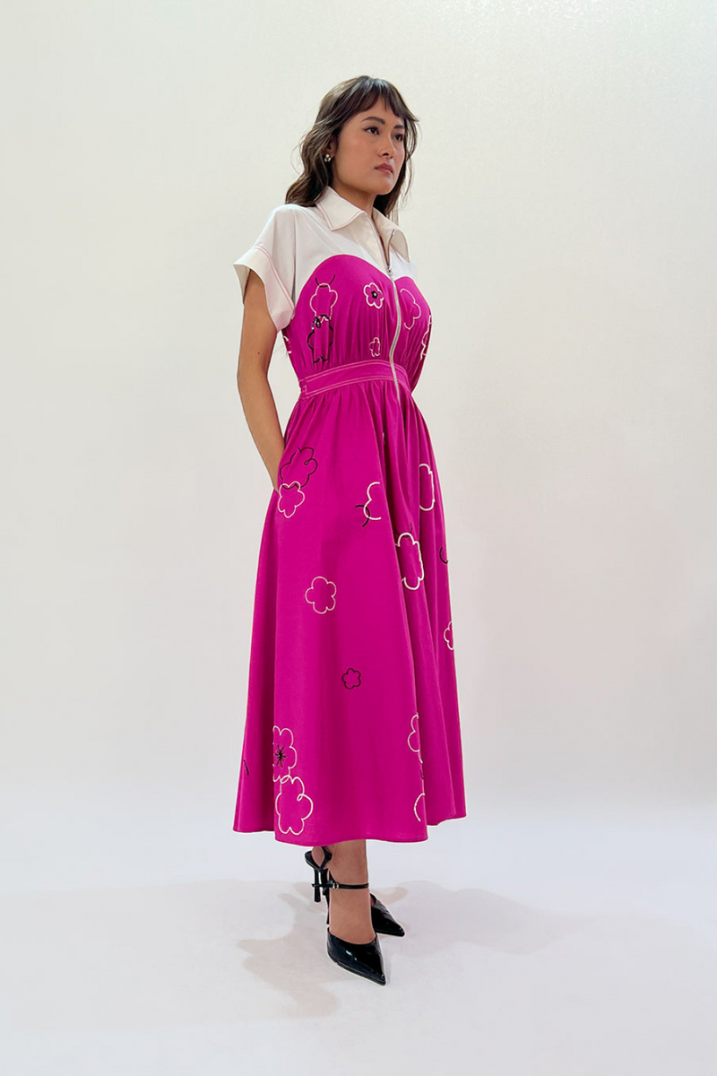 Ditsy Cup Zip Dress 100% cotton by Leh Studios in pink color for women Worldwide