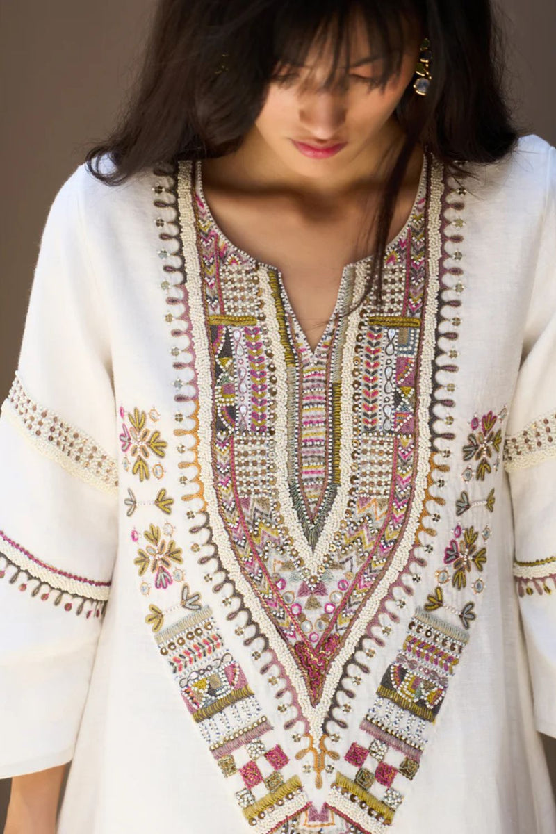 Afra Hand-Embroidered Kurta - Ivory linen by Manan in white color for women Worldwide