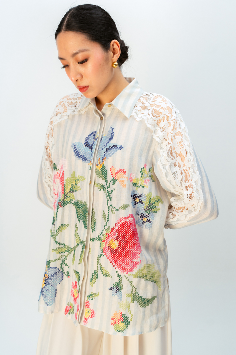 BLUSHING PETAL SHIRT linen top/shirt by Ode to Odd in blue for women Worldwide