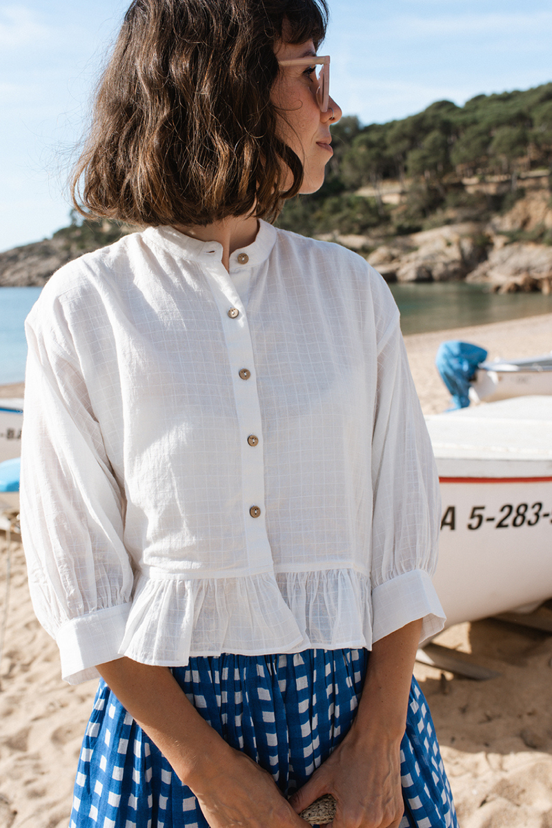 The Scarlet Frill Top-White cotton muslin top/shirt by World of Crow in white for women Worldwide