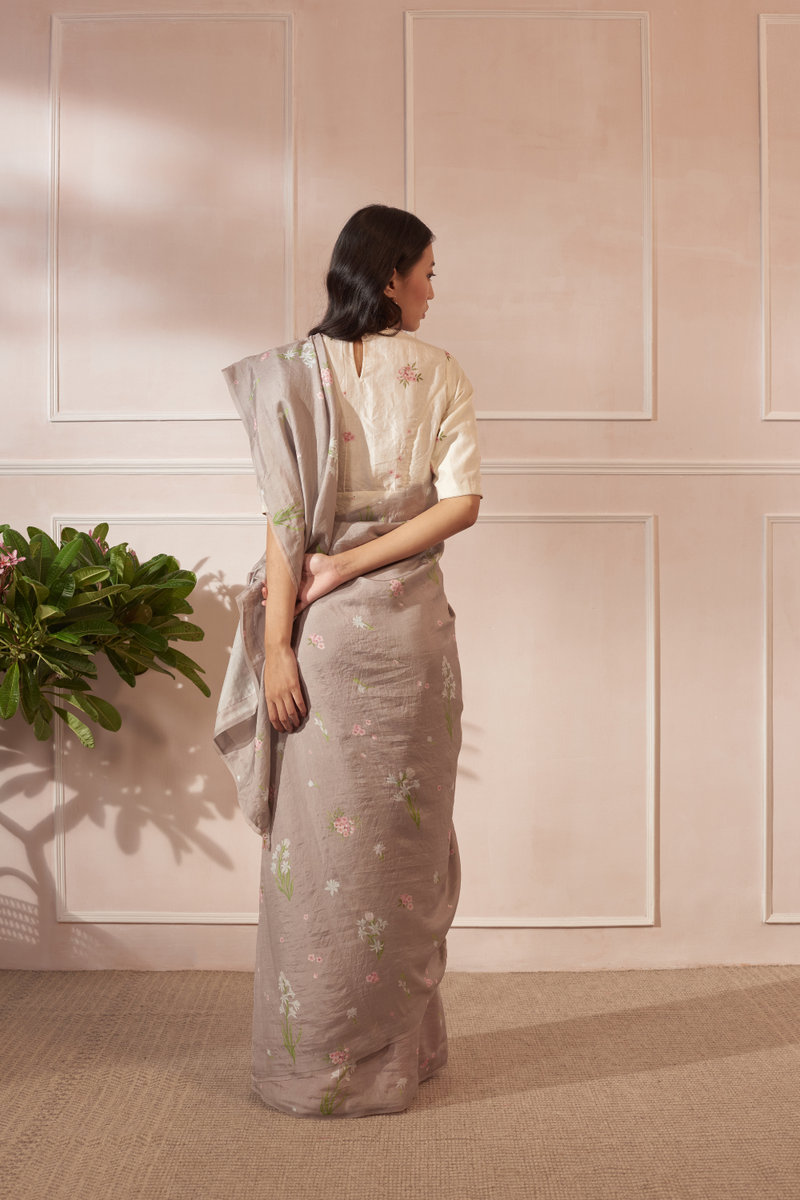Rajnigandha and Periwinkle Mulberry Silk Sari silk by Nadiya Paar in brown color for women Worldwide