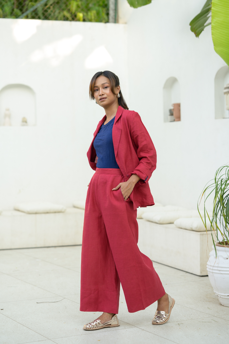 Crimson Sky Suit linen co-ord set by Zanzibar Living in crimson red for women Worldwide