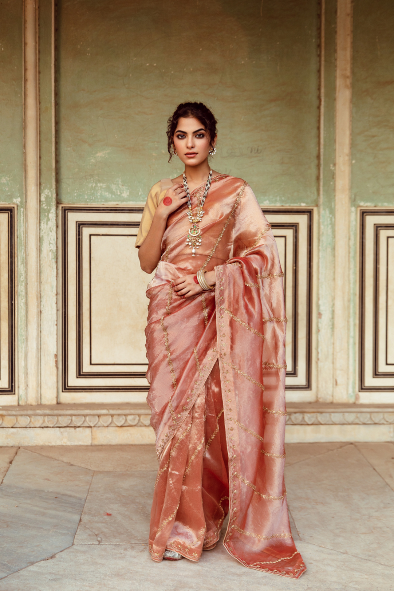 Rust Tissue Silk Embroidered Sari silk by Maison Shefali in rust color for women Worldwide