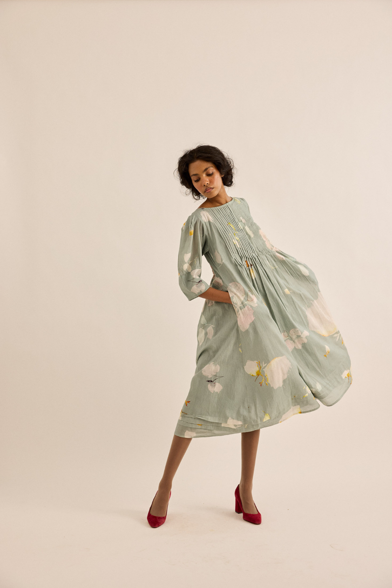 Cornflower Dress mul dress by Khara Kapas in sage green for women Worldwide