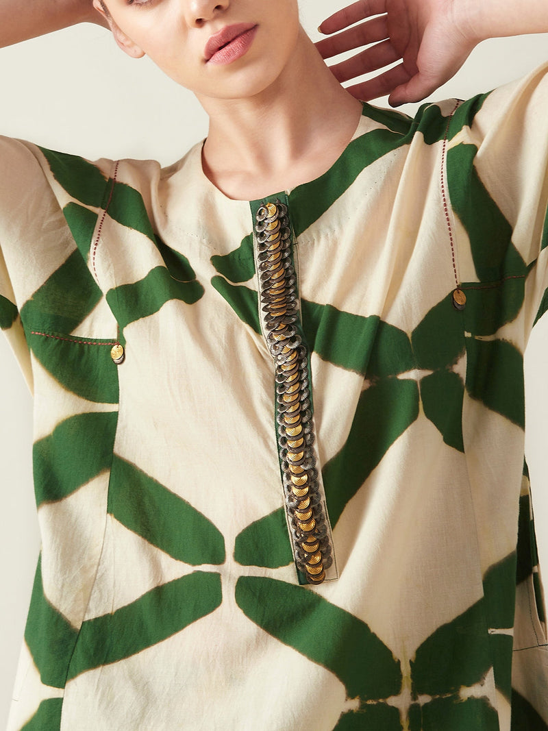 Green Clamp Dye Embroidered Co ord set cotton Artisan made - Block Printed by Aavidi for women Worldwide