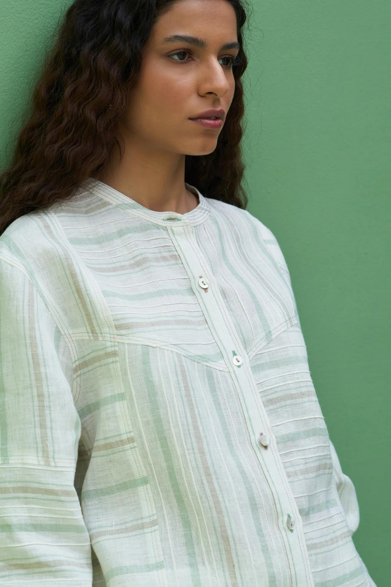 Miyu Pintucked Linen Shirt
 - Mint linen by Manan in mint color for women Worldwide